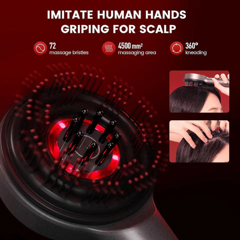 Close-up of the Scalp Trio massager mimicking human hand movements with 72 massage bristles, 4500 mm² massaging area, and 360° kneading for ultimate scalp care