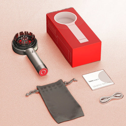 Scalp Trio packaging with massager, carry pouch, and charging cable for a premium experience