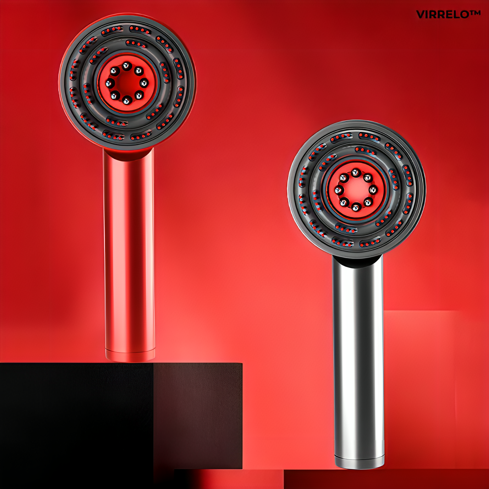 VIRRELO™ Scalp Trio Massager in red and silver variants, showcasing innovative features