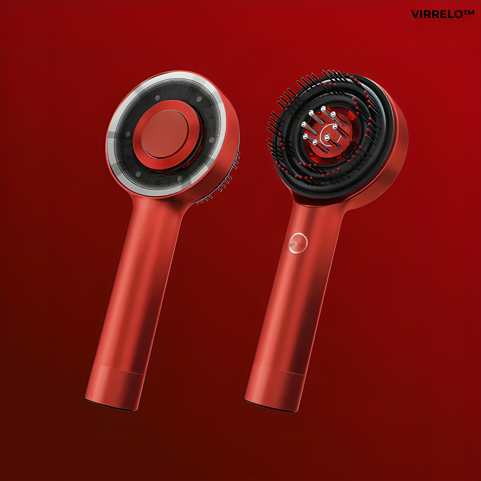 Closeup of VIRRELO™ Scalp Trio Massager in bold red, featuring premium design and functionality